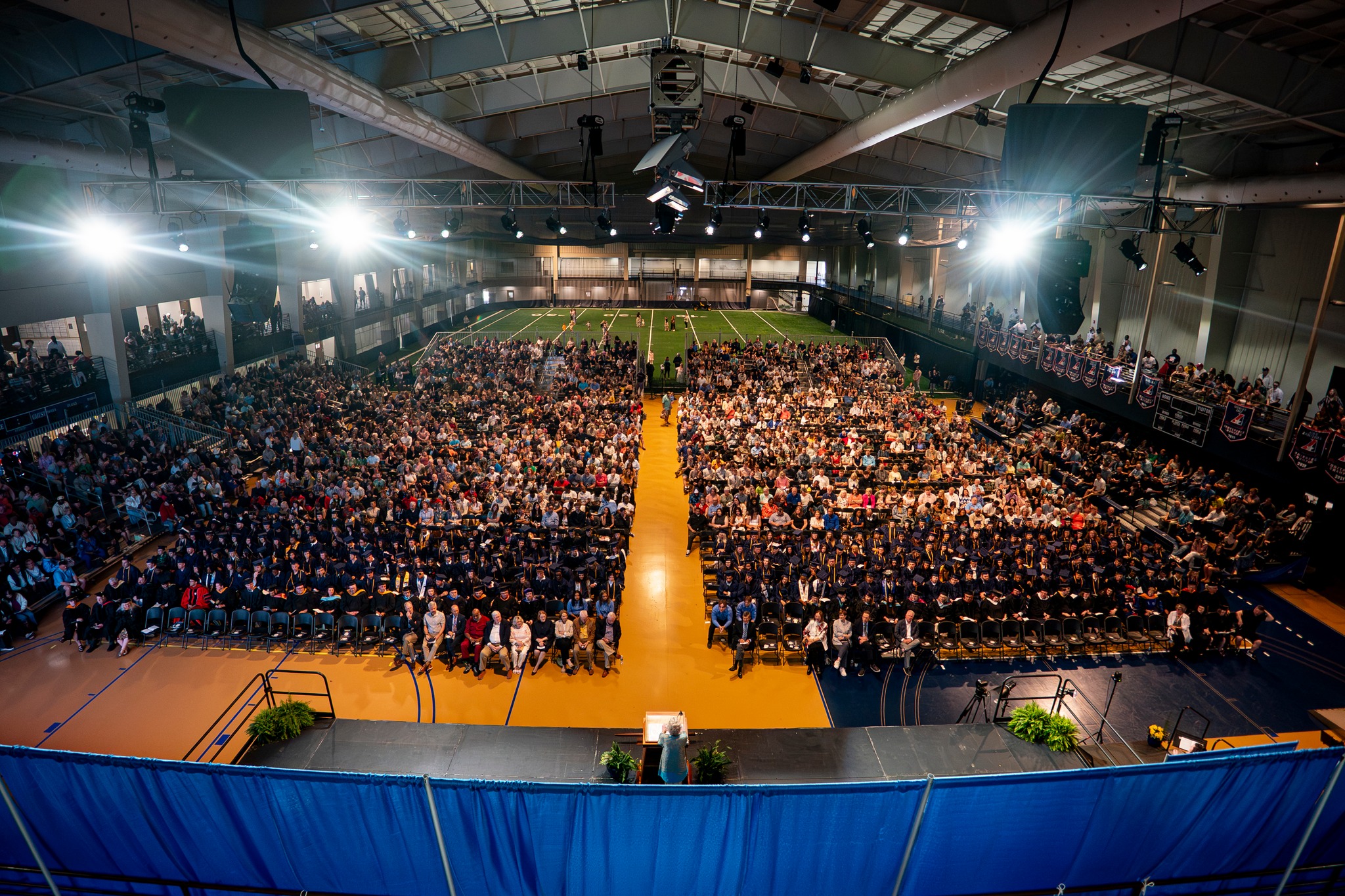 20' x 40' Stage with rail, 1,450 black chairs and four 45' towable bleachers for the 2026 William Penn University Graduation in Oskaloosa, Iowa. (Photo by Jordan Lester)