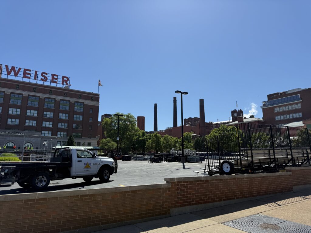 Back of the one of our 7-Row Towable Bleacher outside of the Budweiser building for the 150th Anniversary Celebration in St. Louis, Missouri