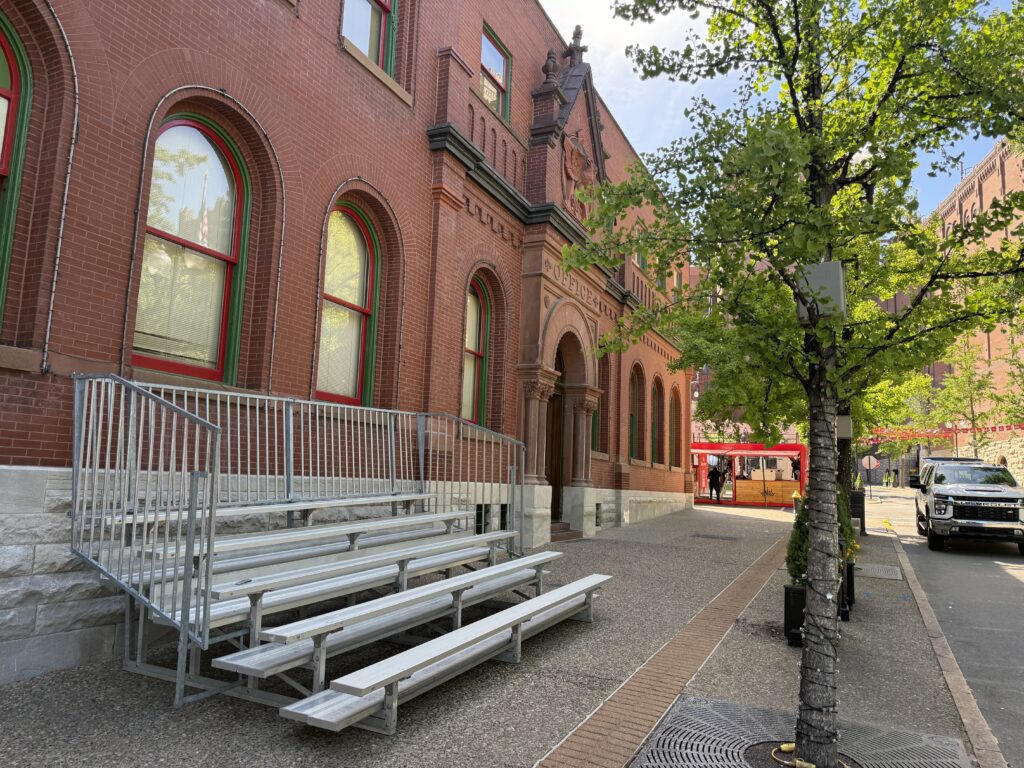 One of our 5-Row Bleachers with Railing outside of the Budweiser building (Office) for the 150th Anniversary Celebration in St. Louis, Missouri