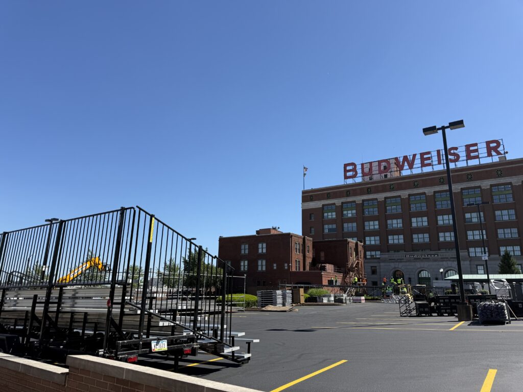 One of our 7-Row Towable Bleacher outside of the Budweiser building for the 150th Anniversary Celebration in St. Louis, Missouri