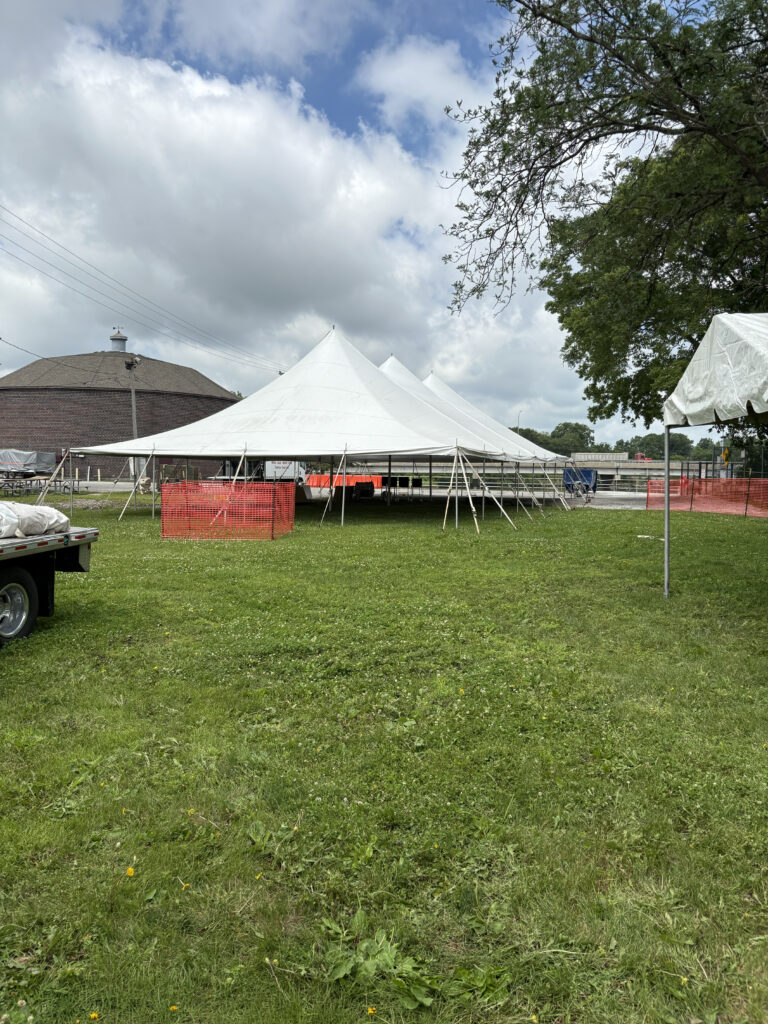 End of the 40' x 80' Freds Rope and Pole event tent at Cedar Basin Music Festival in Cedar Falls, Iowa.