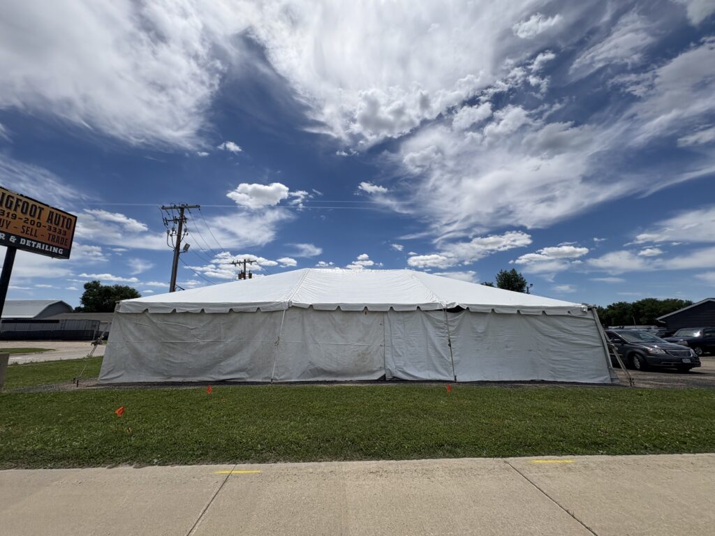 Side of 30' x 45' Frame Tent and tables in Hiawatha, Iowa for Cornelier Fireworks