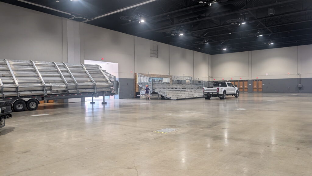 45' towable bleachers inside of the Schaumburg Convention Center