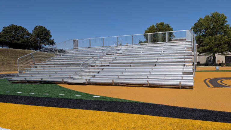 15-row 45-foot towable grandstand at Emporia State University campus ahead of Hornets football at Welch Stadium in the end zone.
